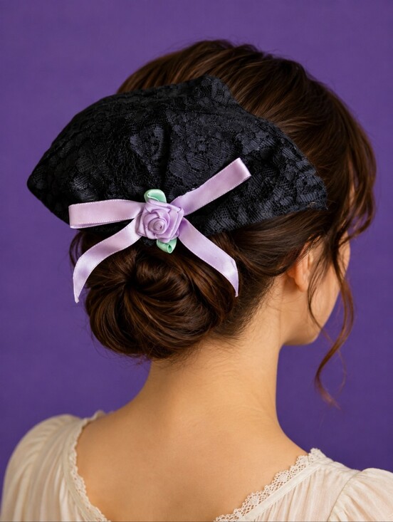 Vintage Accessories - Vintage Fan Shape Black Lace Hair Barrette with Lavender Rose Accent